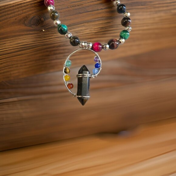Colorful Chakra w Tiger eye point~ 20 in. Handmade - Picture 3 of 3